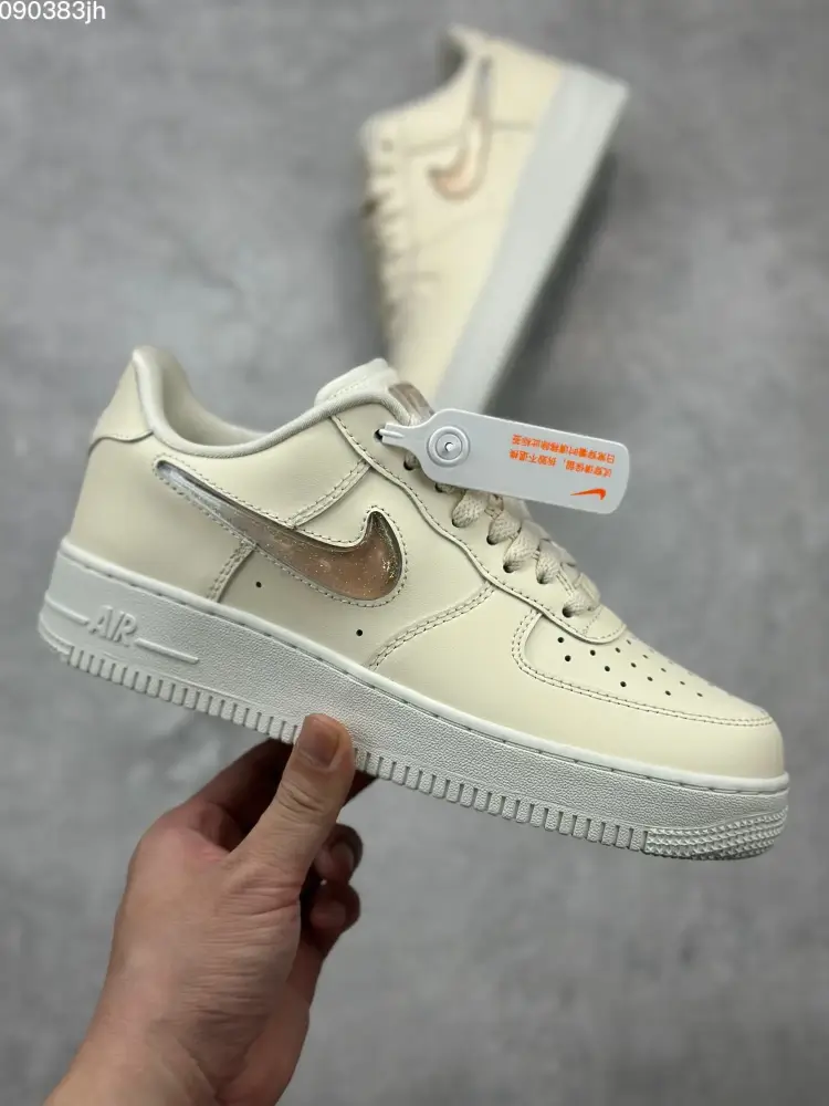 Nike Air Force 1 '07 Low Cream Metallic Swoosh Sneakers – Top Best Sneakers – DB3301- Breathable 1043 
