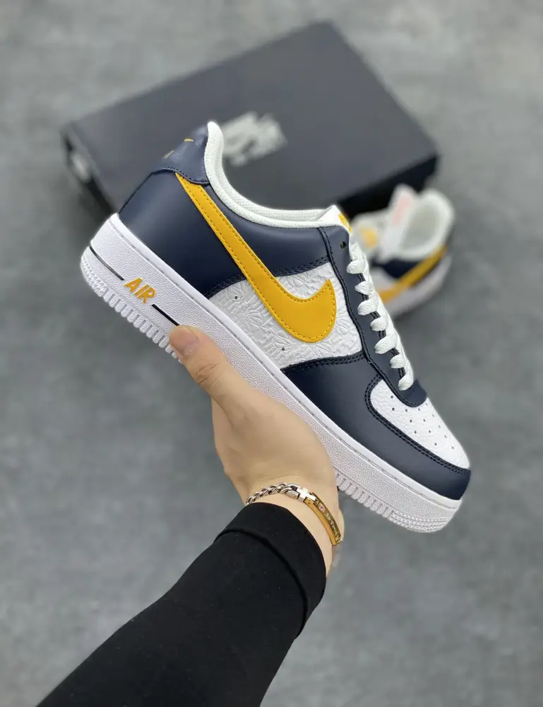 EyeCatching Nike Air Force 1 Low Embossed Navy White Yellow Sneakers – Top , Best Sneakers, Authentic Design, Original Box, Multiple Sizes Available 1064  CDFA427