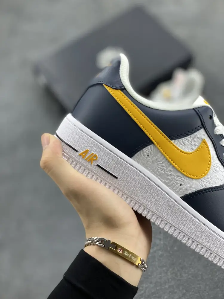 EyeCatching Nike Air Force 1 Low Embossed Navy White Yellow Sneakers – Top , Best Sneakers, Authentic Design, Original Box, Multiple Sizes Available 1064 