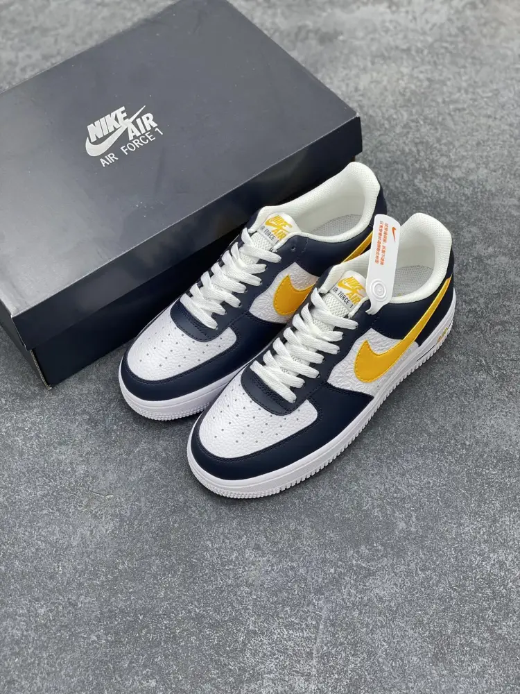 EyeCatching Nike Air Force 1 Low Embossed Navy White Yellow Sneakers – Top , Best Sneakers, Authentic Design, Original Box, Multiple Sizes Available 1064 