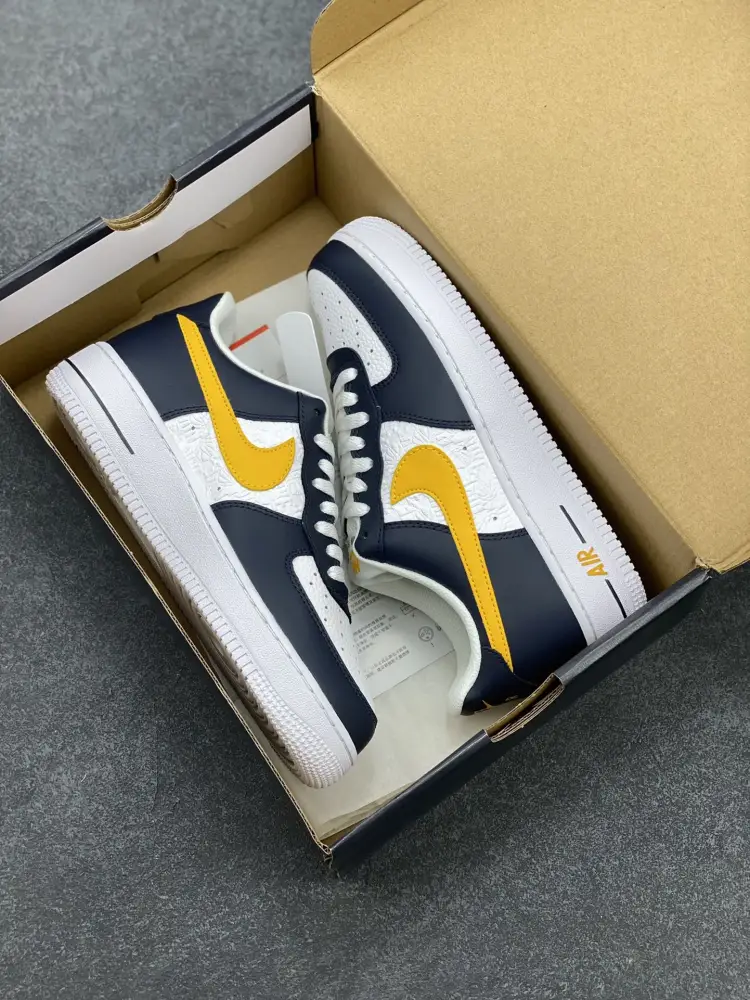 EyeCatching Nike Air Force 1 Low Embossed Navy White Yellow Sneakers – Top , Best Sneakers, Authentic Design, Original Box, Multiple Sizes Available 1064 