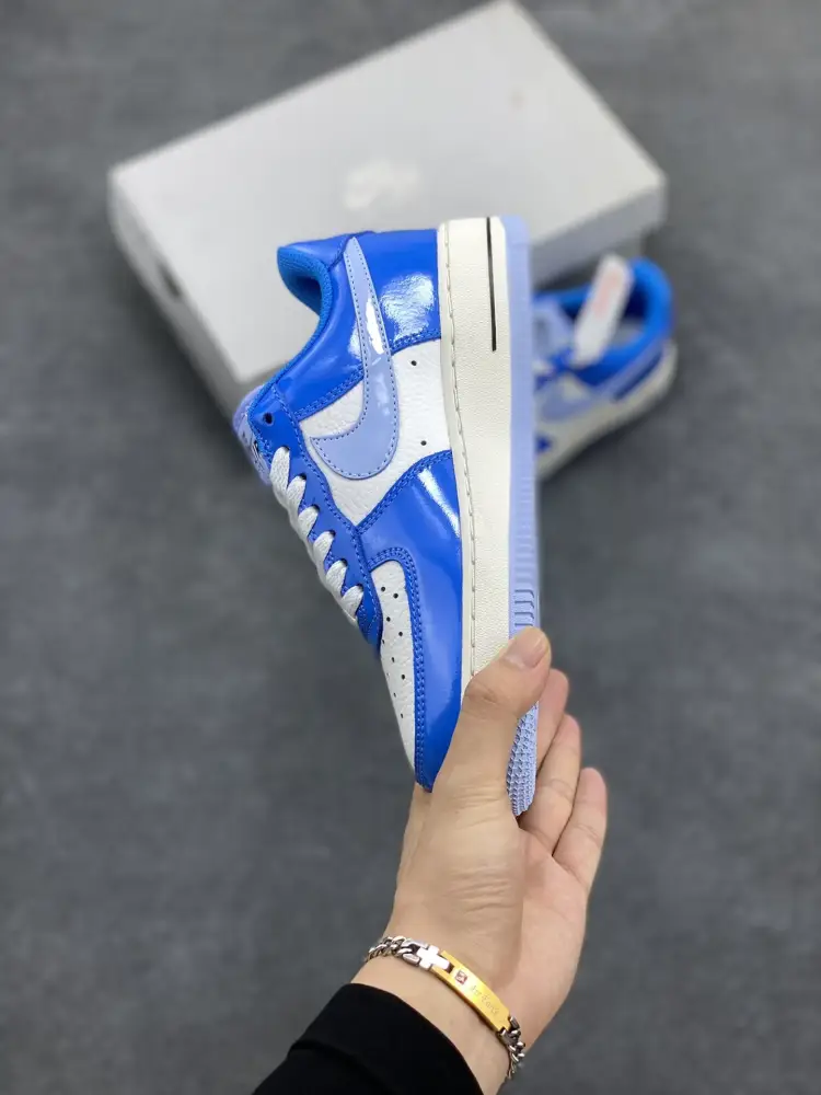 Nike Air Force 1 Low White Blue Patent Leather Sneakers – Top Best Sneakers with Original Box and Accessories DailyWear 1054 