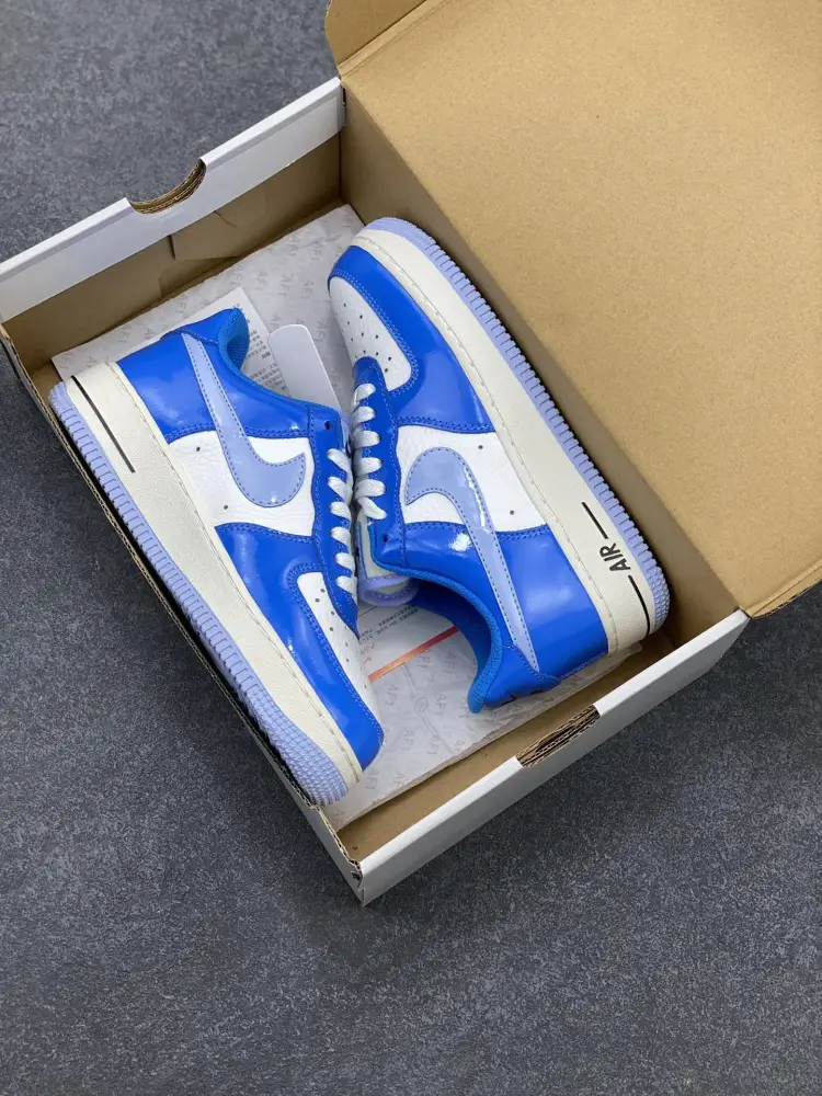 Nike Air Force 1 Low White Blue Patent Leather Sneakers – Top Best Sneakers with Original Box and Accessories DailyWear 1054 