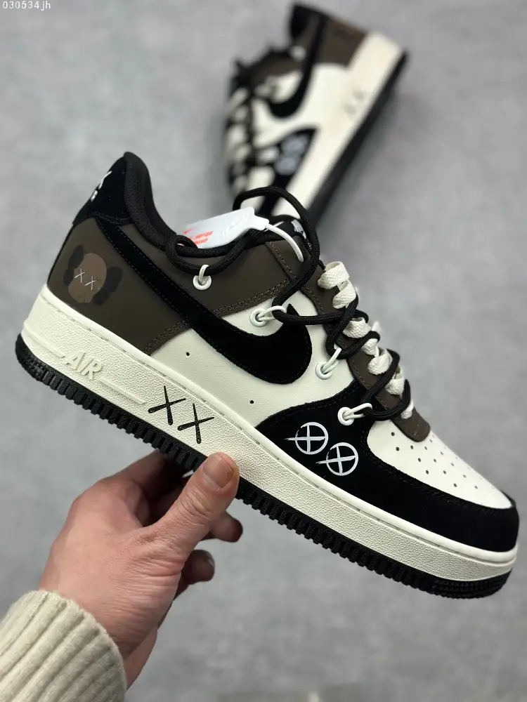 Stretchable Nike x Kaws Air Force 1 Custom Strap Sneakers – Wheat Black Brown – High Quality with Design 1082 