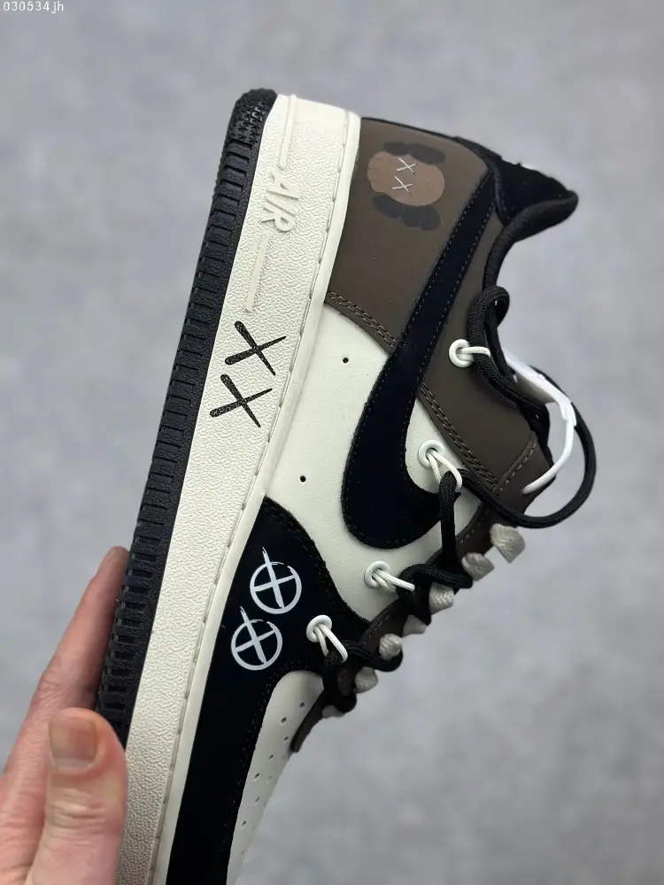 Stretchable Nike x Kaws Air Force 1 Custom Strap Sneakers – Wheat Black Brown – High Quality with Design 1082 